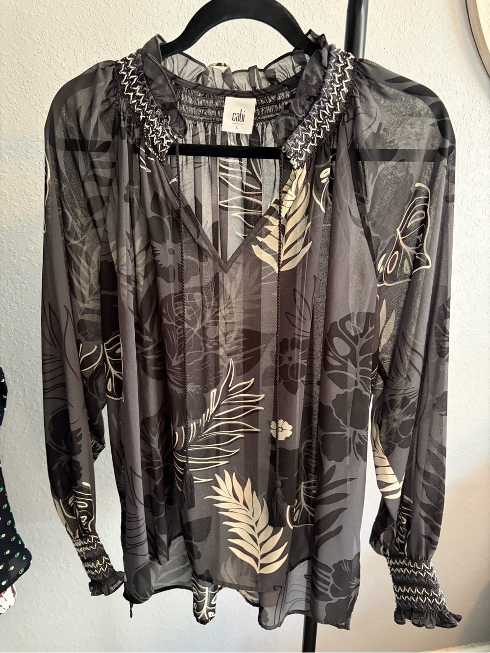 CAbi Sheer Black and Cream Tropical Printed Blouse